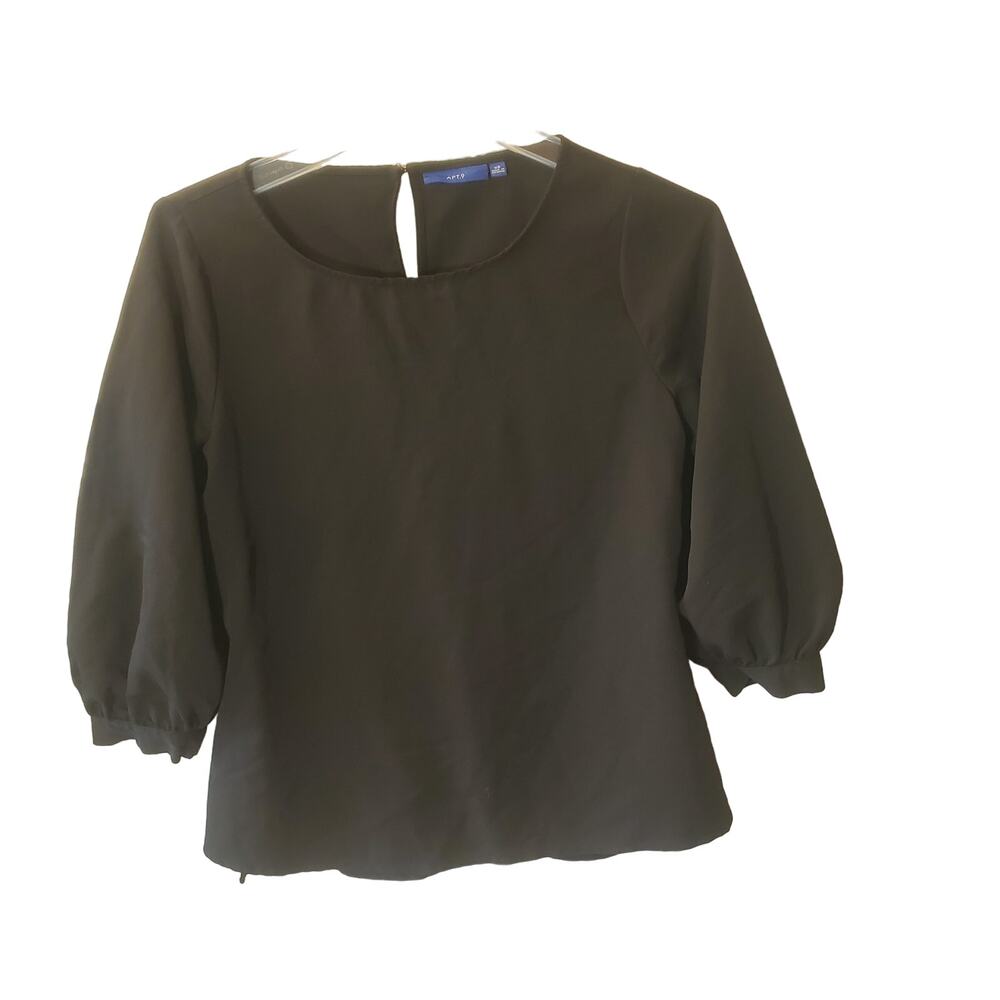 Apt. 9 Solid Black Crepe Puff Sleeve Round Neck Blouse Size XS